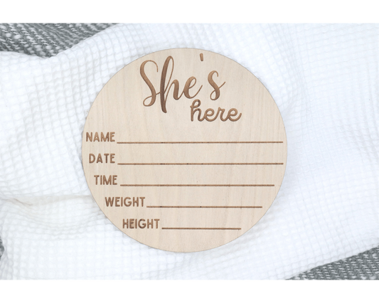 Newborn Baby Details Plaque - She's Here